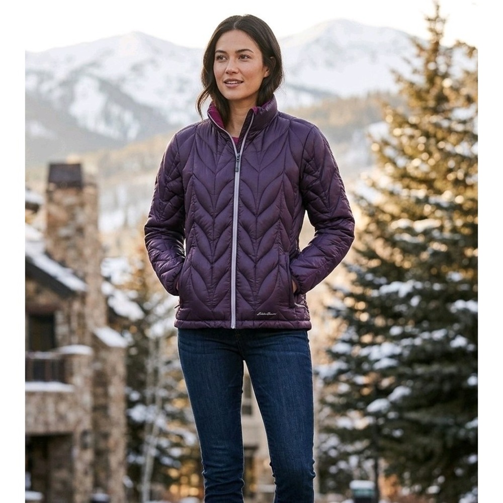 Eddie Bauer Women's Down Jacket Medium Purple Chevron Puffer Coat Lightweight L
